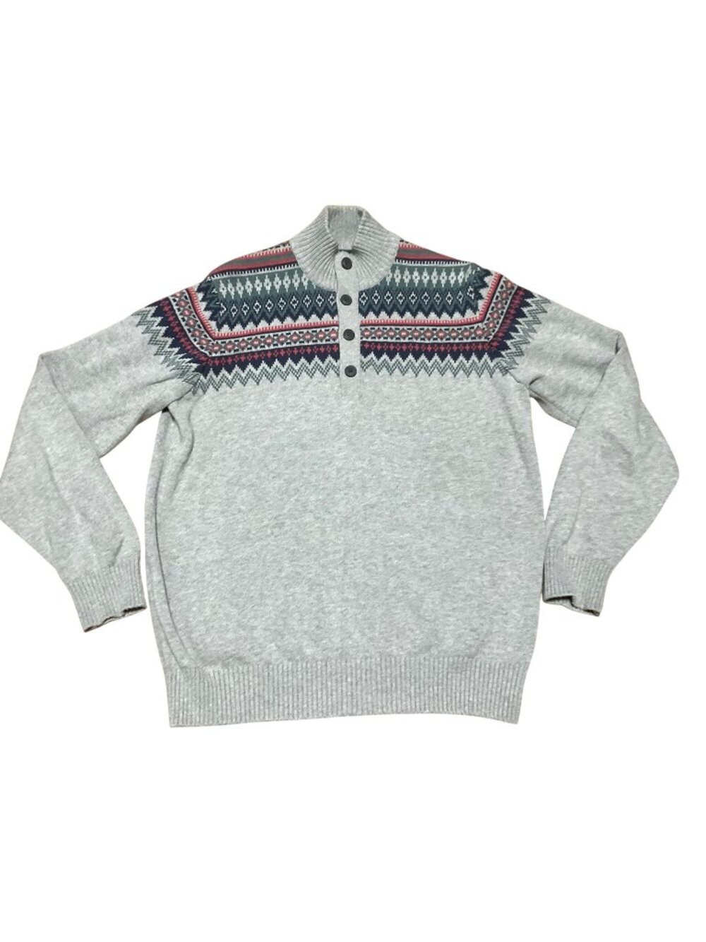 Izod Fair Isle Sweater Sz L Gray Green Cotton Knit Pullover Buttons Mock Neck